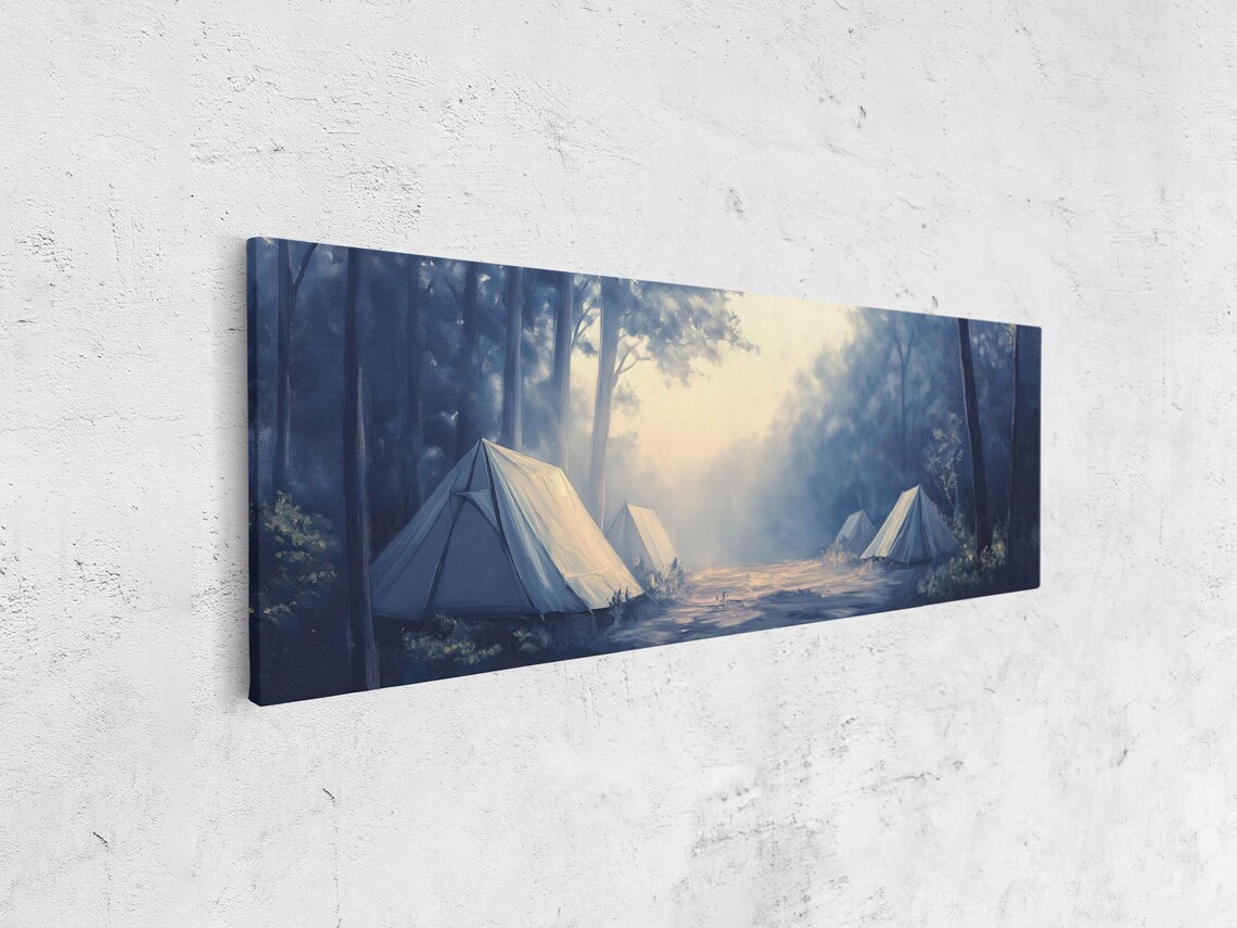 Foggy Forest Campsite Tents Ethereal Dawn Glow Muted Blue Nature Poster - Image 4