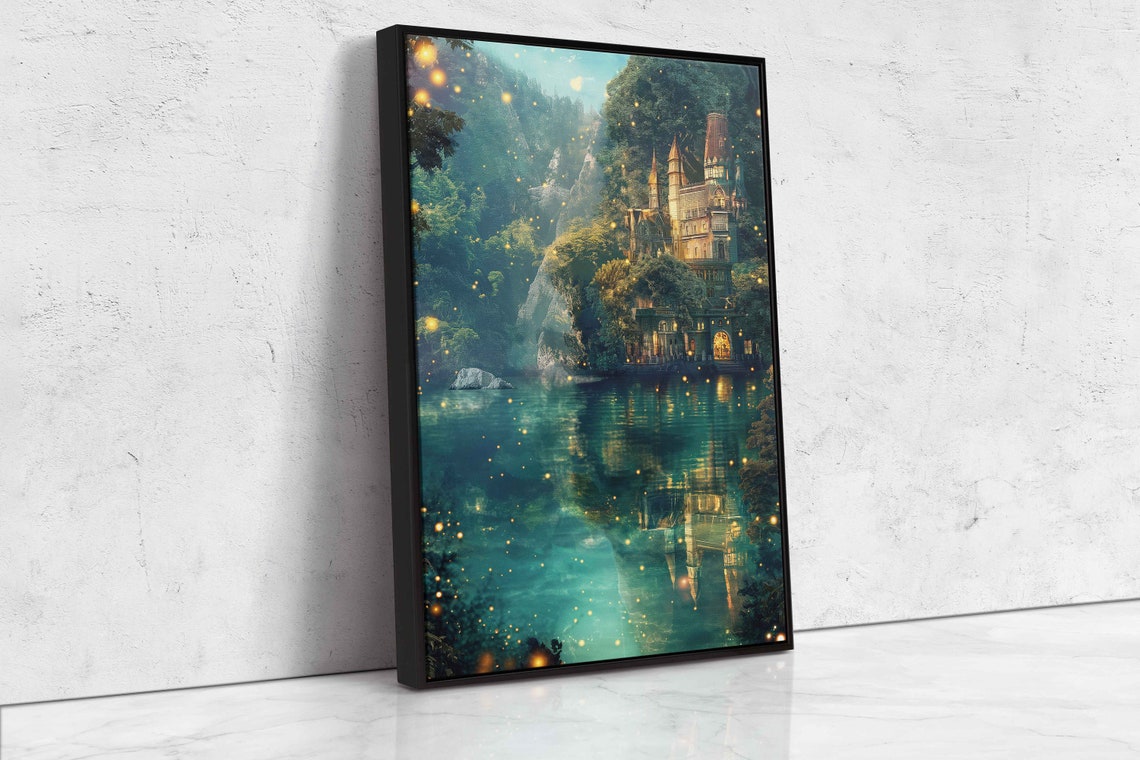 Fantasy Castle On Cliff Above Turquoise Lake Vertical Art Poster - Image 4