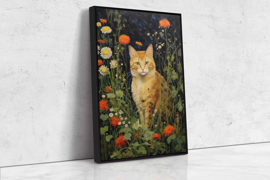 Orange Tabby Cat Among Wildflowers At Night Garden Painting Print - Image 4