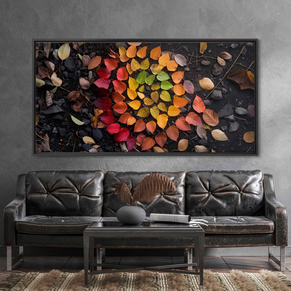 Autumn Leaves Spiral Mandala Land Art Dark Stones Nature Poster
