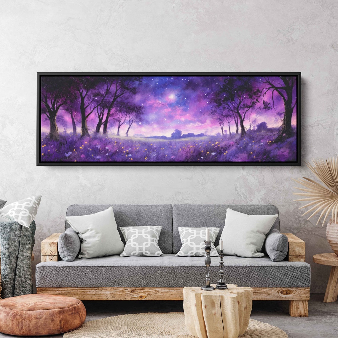 Lavender Field Moonlit Night Purple Starry Trees Panoramic Art Print