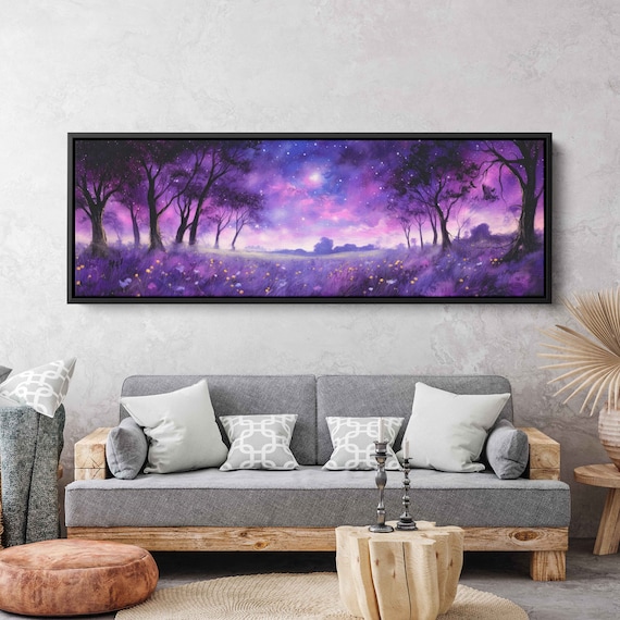 Lavender Field Moonlit Night Purple Starry Trees Panoramic Art Print