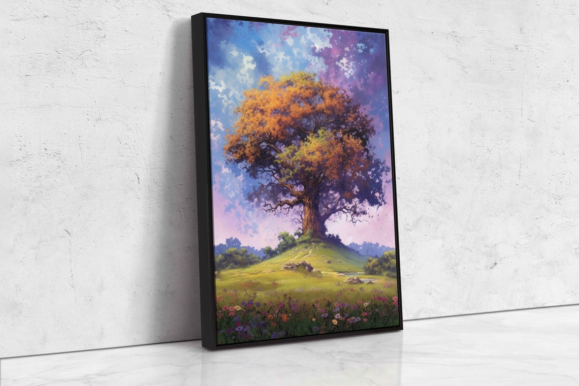 Golden Autumn Tree on Grassy Hill Purple Dreamy Sky Wildflower Poster - Image 4