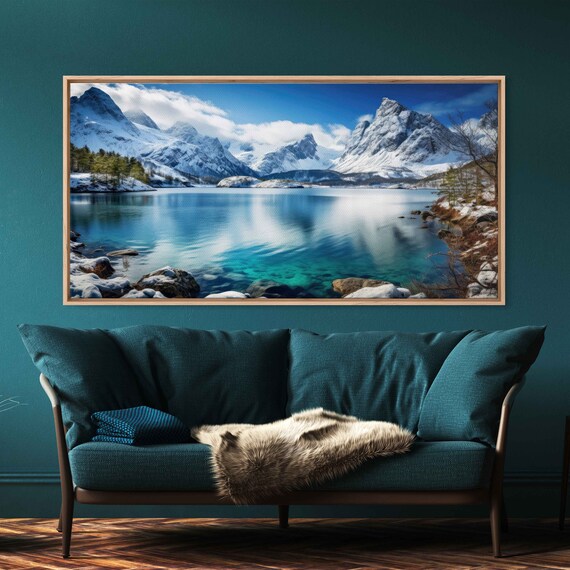 Serene Lakeside Vista Panoramic Wall Art Lake And Snowy Mountains Framed Print Ready To Hang