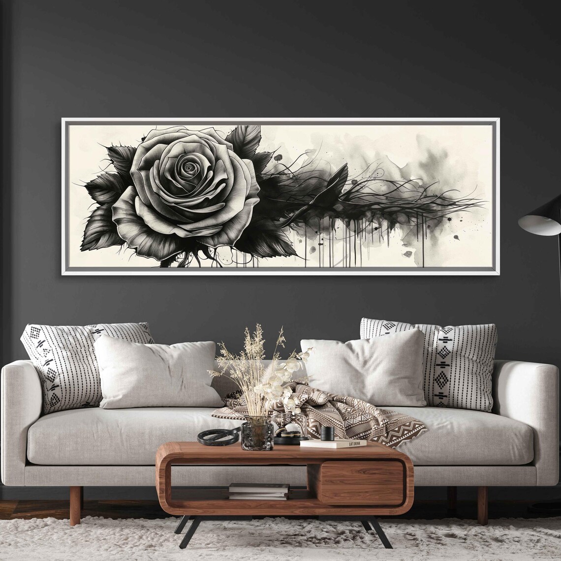 Black Rose Bloom With Ink Drips And Smoke Swirls Dark Floral Wall Poster - Image 3