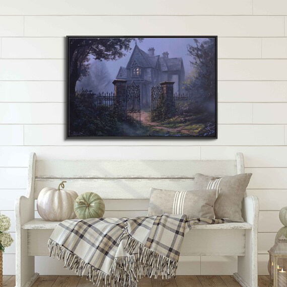 Old Eerie Mansion Behind Iron Gate At Misty Twilight In Overgrown Garden Print