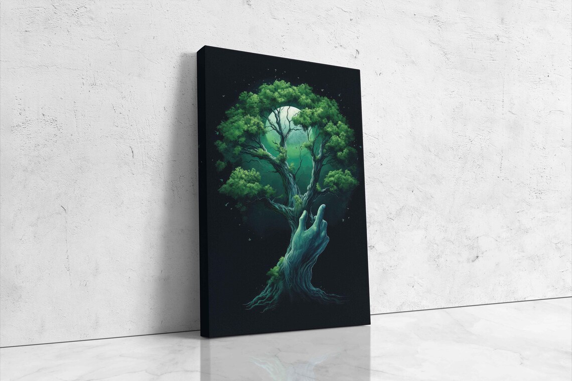 Green Tree Hand Trippy Wall Art Print Framed Ready To Hang - Image 4