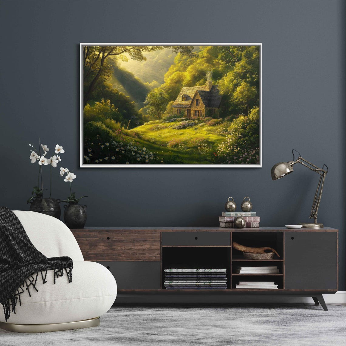 Stone Cottage Glowing In Sunlit Green Valley Meadows At Dawn Poster