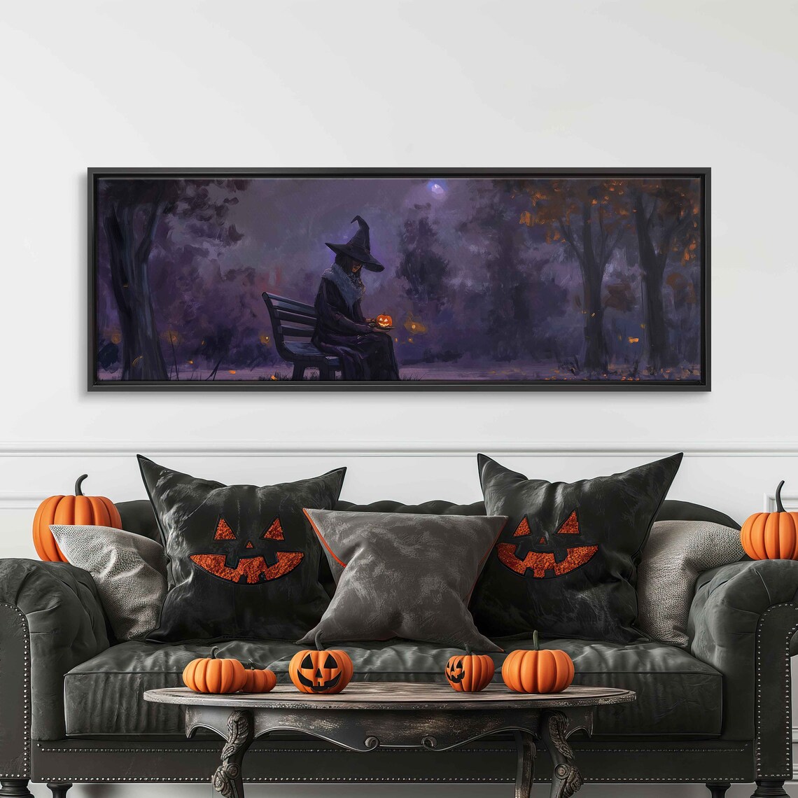 Vintage Witch on Bench With Jack O Lantern Spooky Halloween Art Print