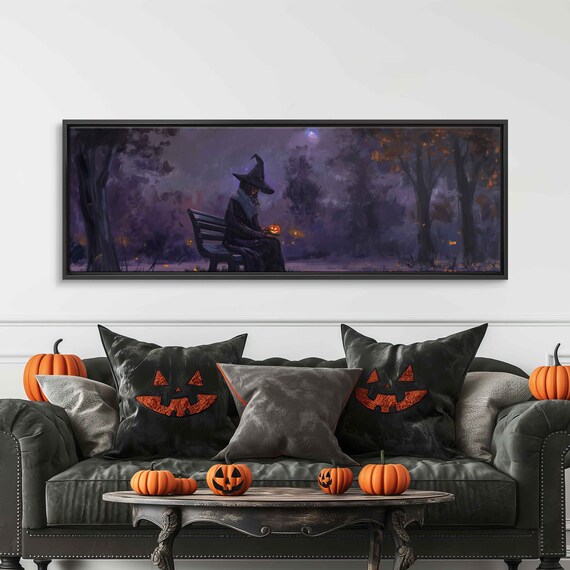 Vintage Witch on Bench With Jack O Lantern Spooky Halloween Art Print
