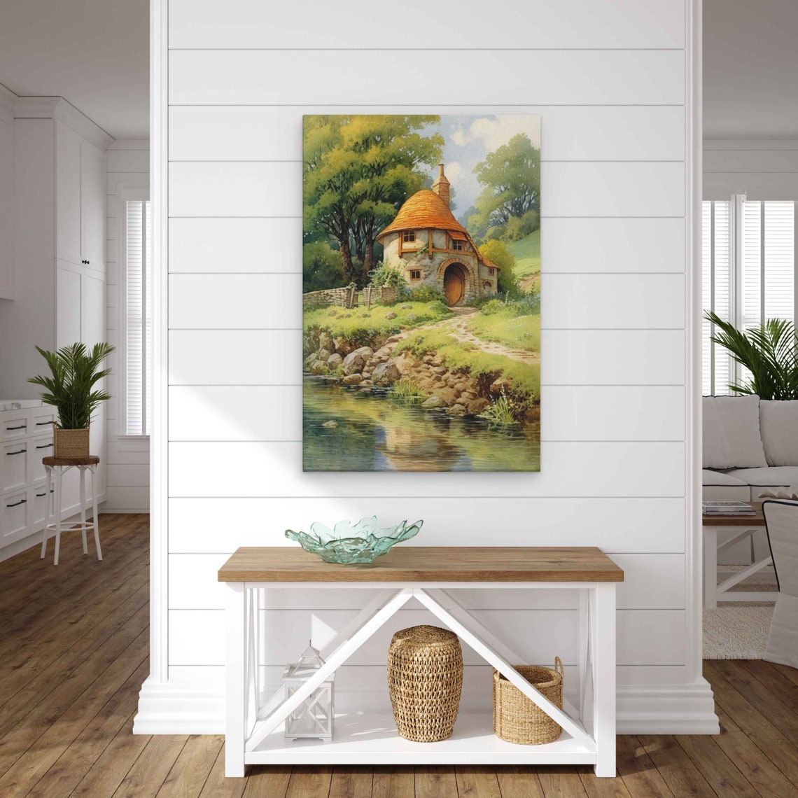 Storybook Stone Cottage River Orange Roof Fairytale Wall Art - Image 3