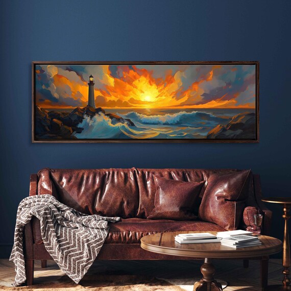 Lighthouse Sunset Fiery Orange Clouds Rocky Coast Ocean Waves Poster