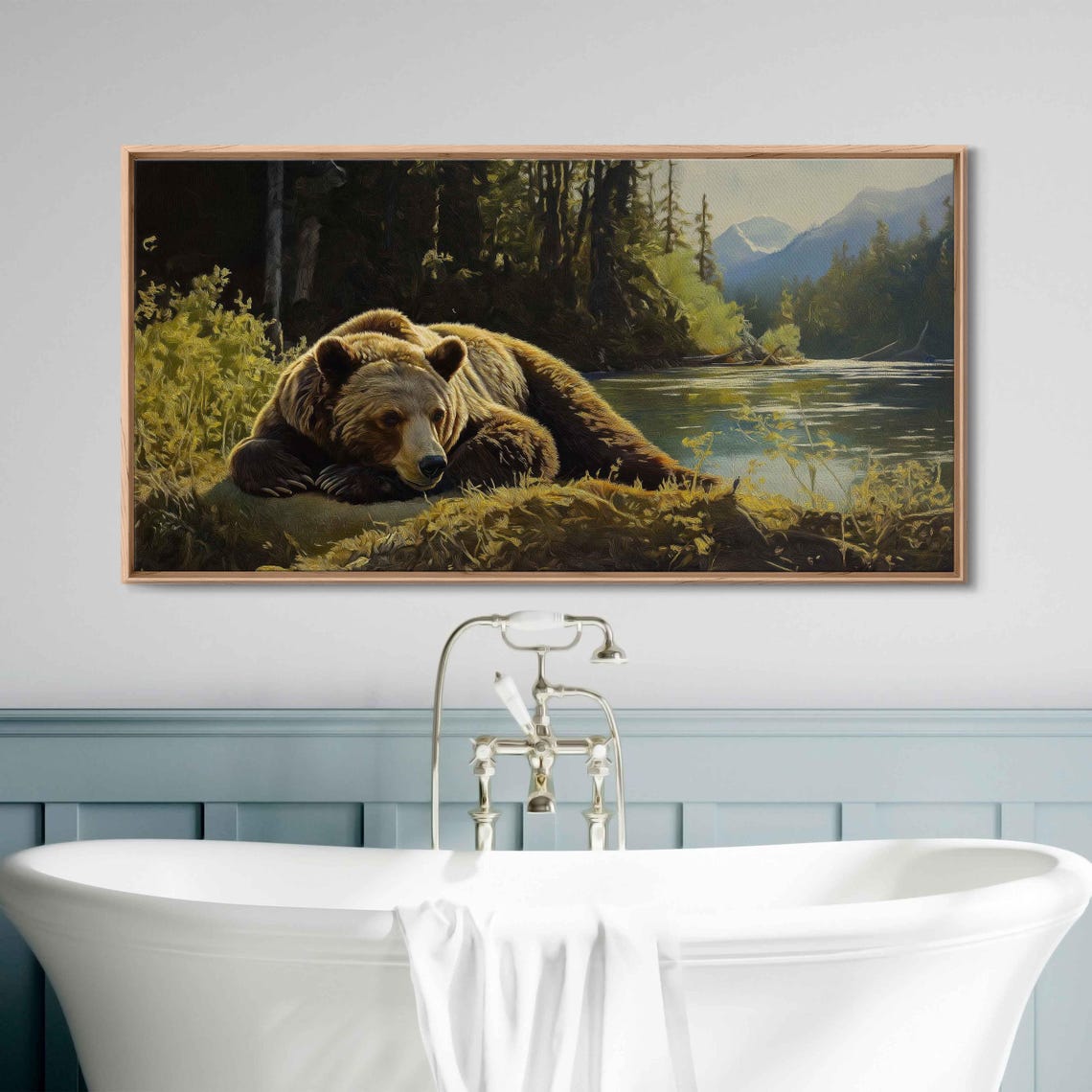 Grizzly Bear Resting By The River Mountain View Realistic Art Poster