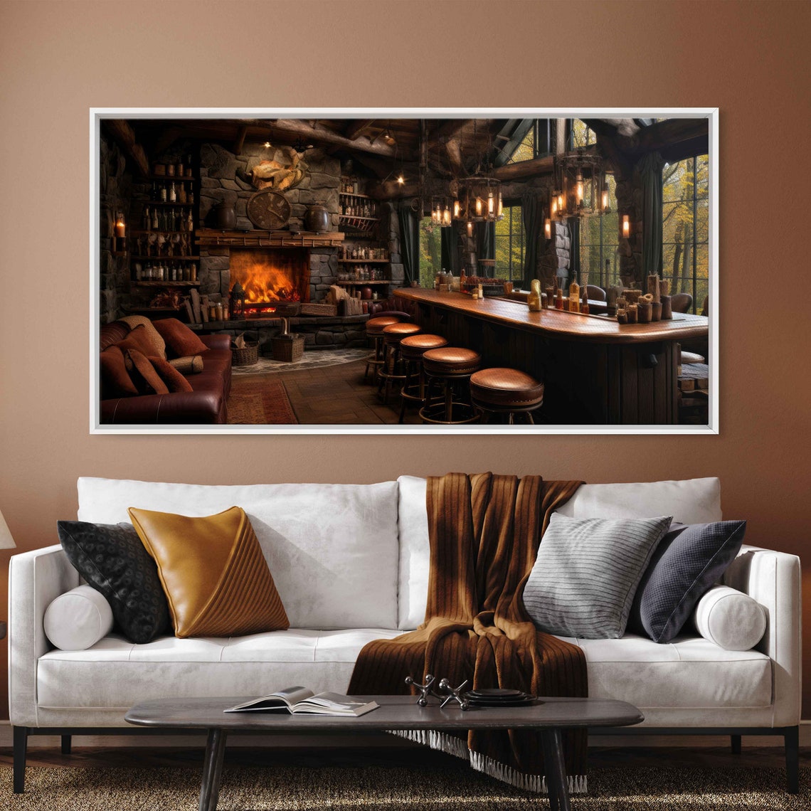 Cozy Rustic Bar Stone Fireplace Leather Lounge Autumn Lodge Art Print - Image 2