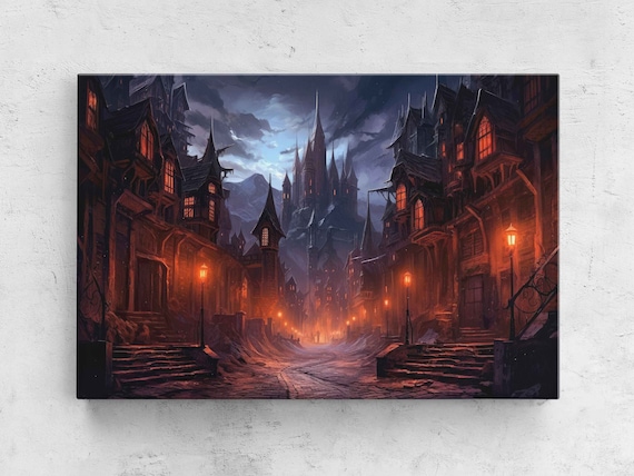 Spooky Castle Town Night Street Glowing Windows Gothic Fantasy Art Poster