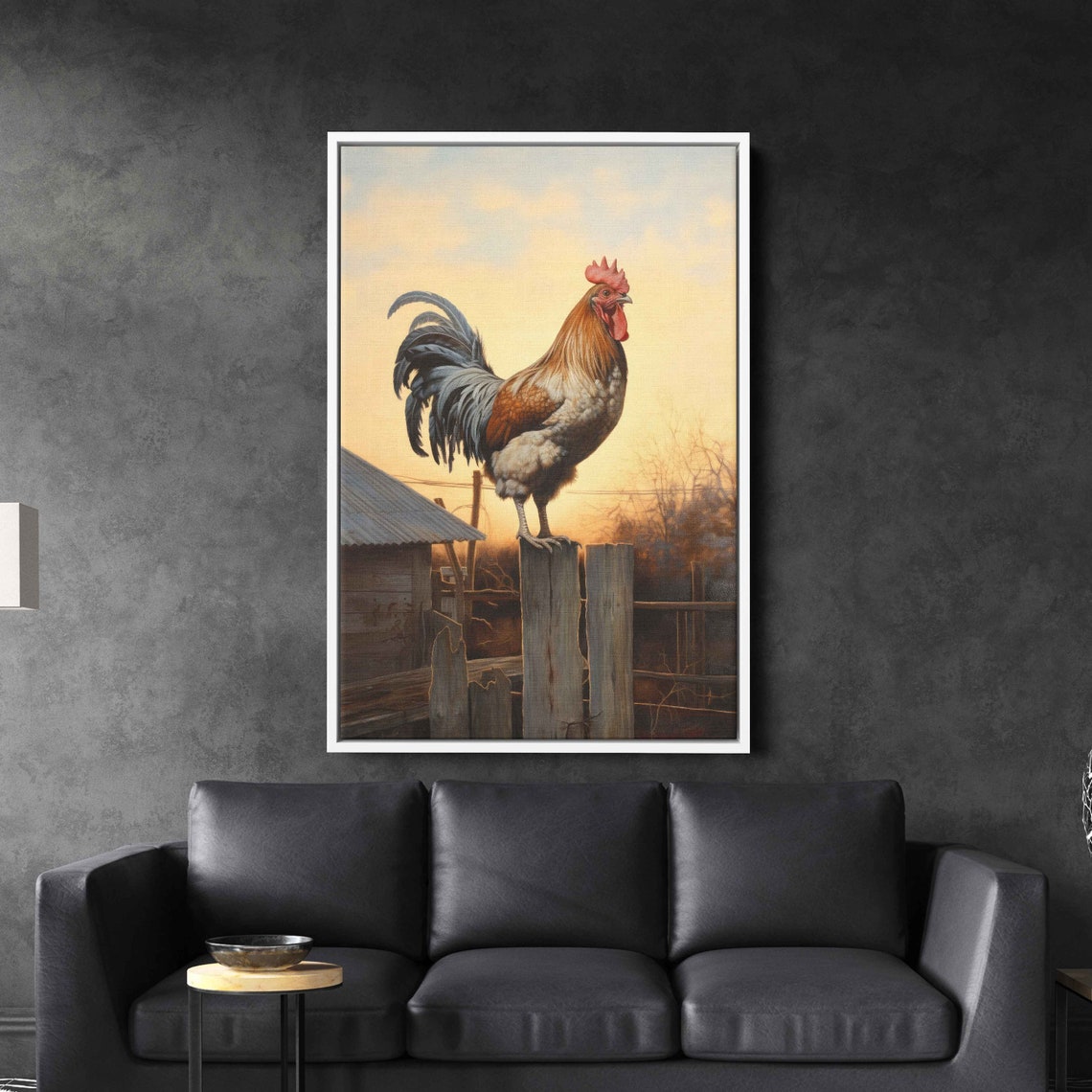 Rooster on Wooden Fence Post Golden Sunset Rustic Farm Wall Art Print - Image 3