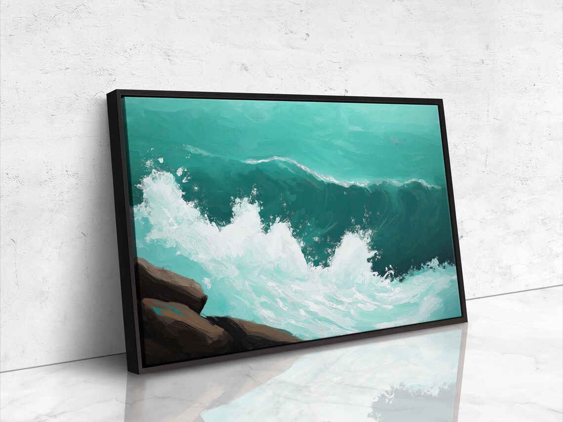Teal Ocean Wave Crashing Against Rocky Shore Dramatic Seascape Art Poster - Image 4