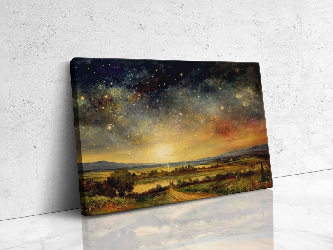 Starry Night Countryside Path Lake Warm Golden Sky Vintage Landscape Art Poster - Image 4