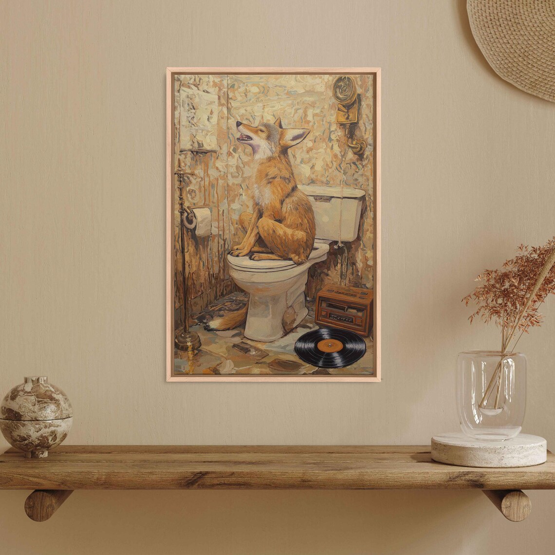 Whimsical Coyote Howling On Toilet Vintage Retro Music Room Art Poster