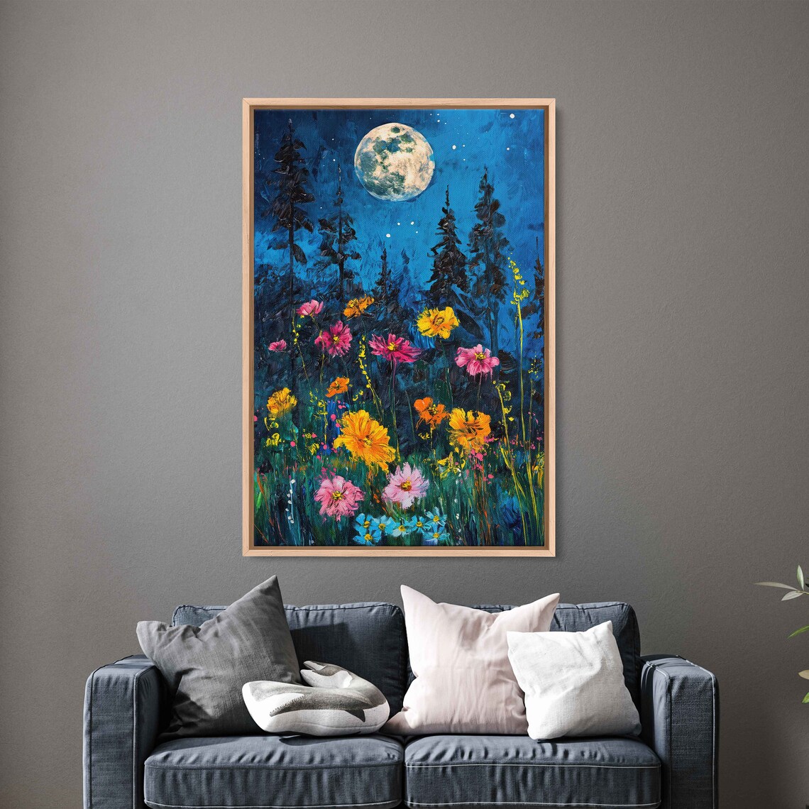 Full Moon Pink Cosmos Wildflowers Starry Night Garden Painting Art Poster
