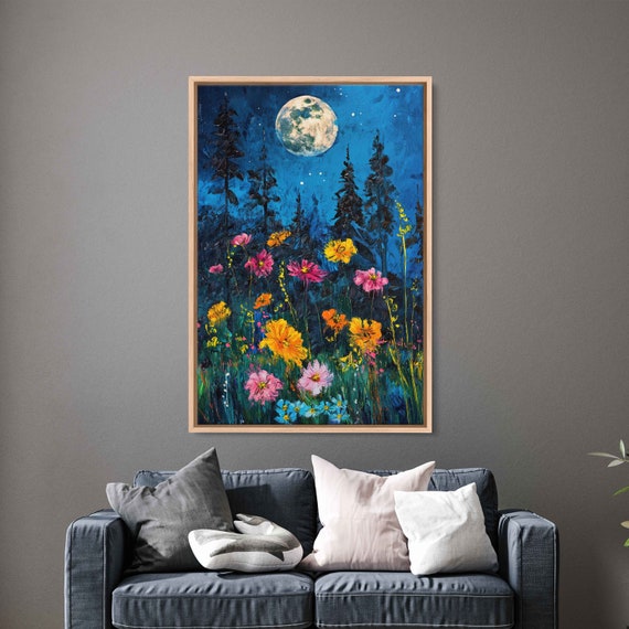 Field Of Vibrant Flowers Full Moon Starry Night Painting Framed Print Ready To Hang