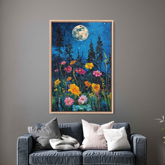 Full Moon Pink Cosmos Wildflowers Starry Night Garden Painting Art Poster