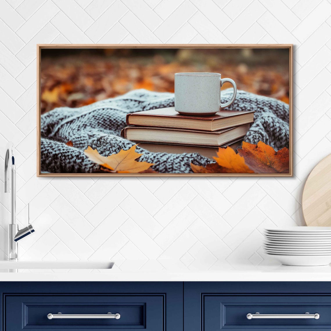 Cozy Coffee Mug Stacked Books Knit Blanket Autumn Leaves Fall Poster