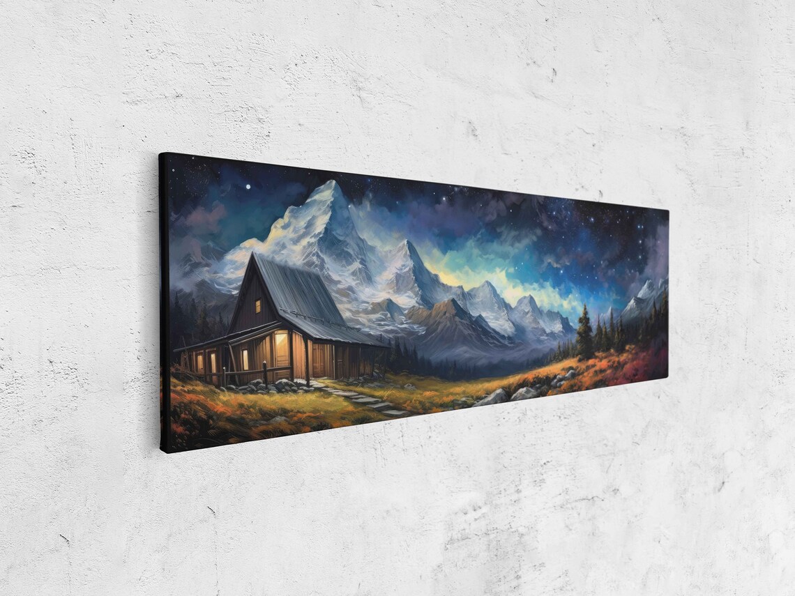 Panoramic Cabin Starry Night Sky Snowy Mountain Golden Meadow Art Poster - Image 4