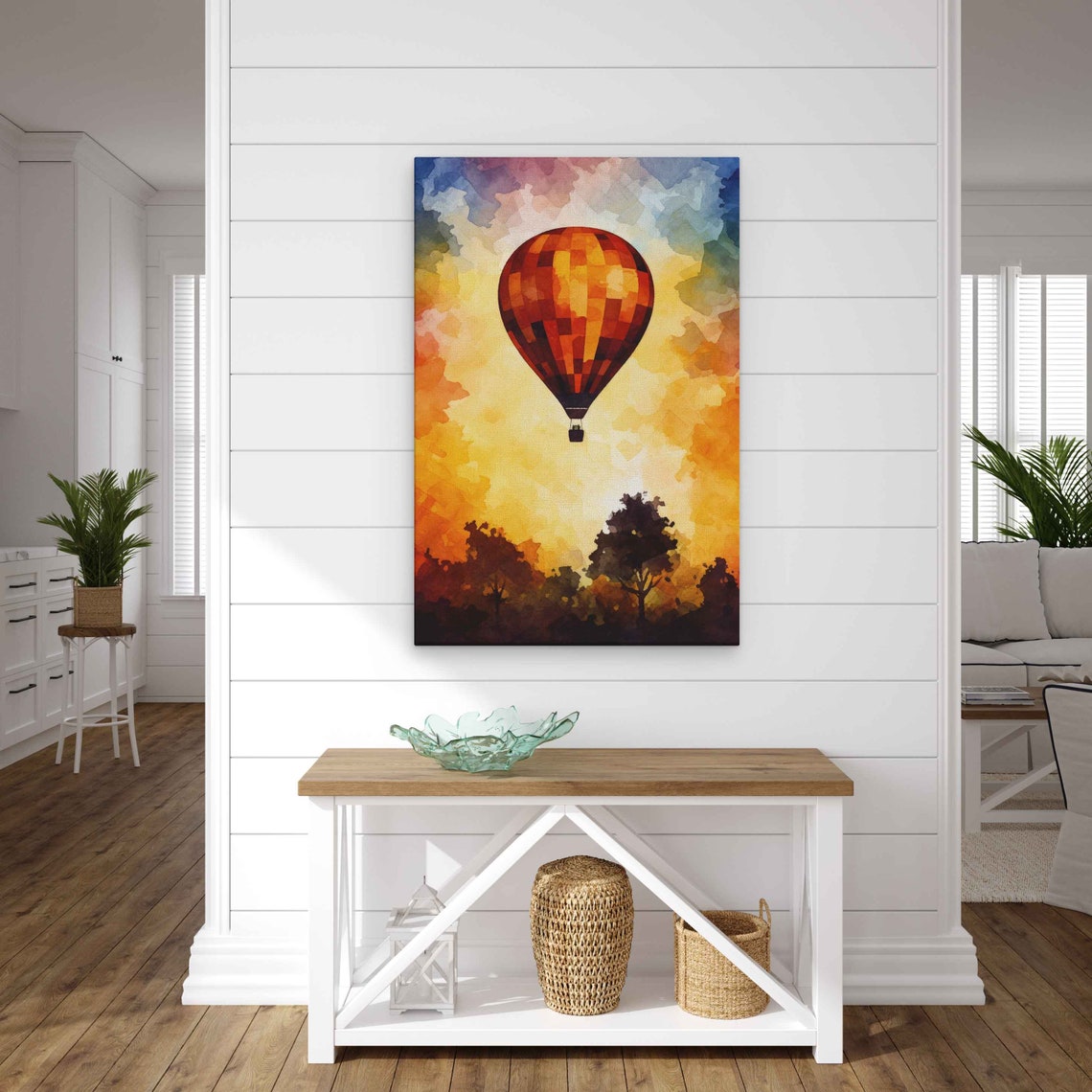 Hot Air Balloon Watercolor Sunset Sky Tree Silhouette Art Poster - Image 2