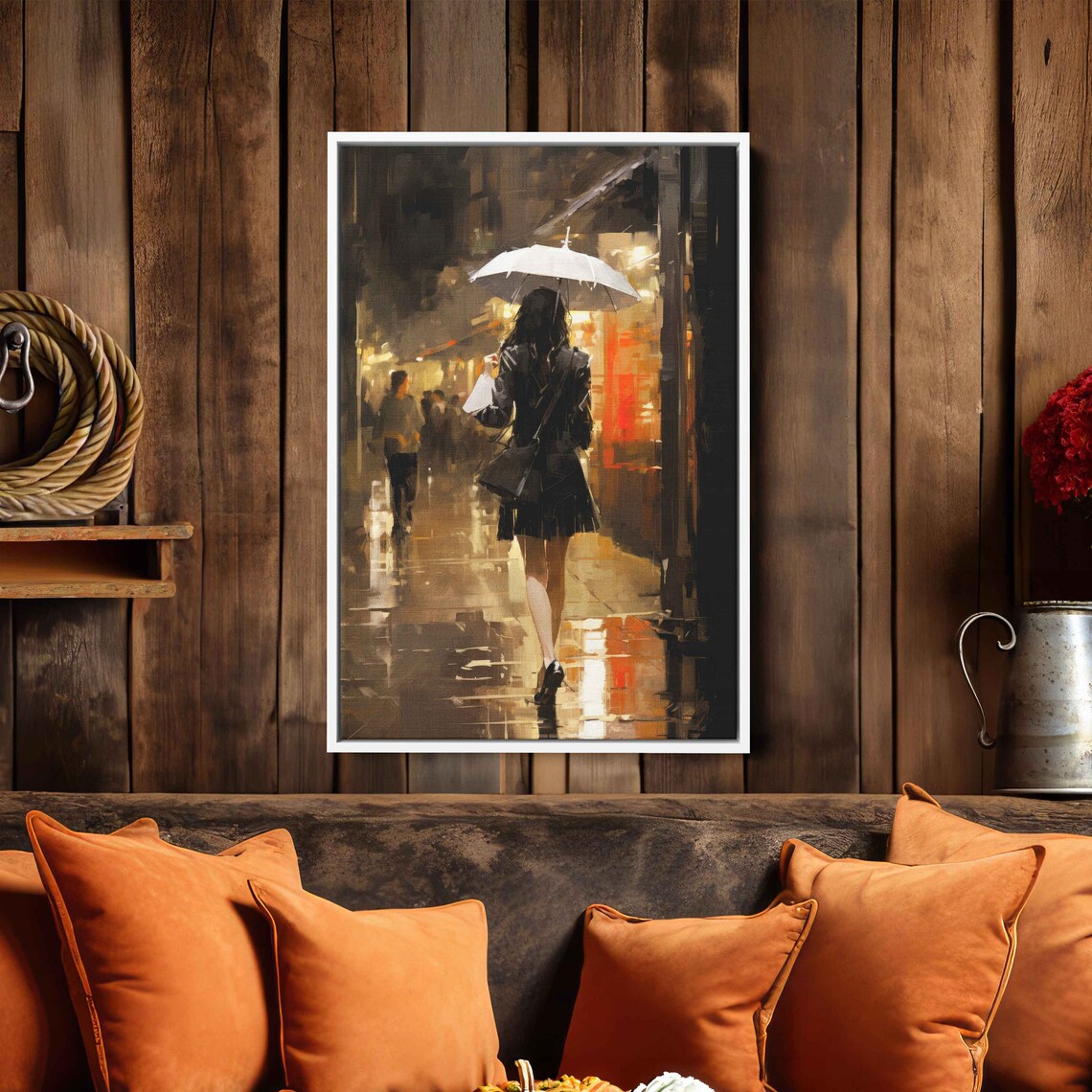 Woman White Umbrella Rainy Night Street Impressionist Painting Wall Art Print - Image 2