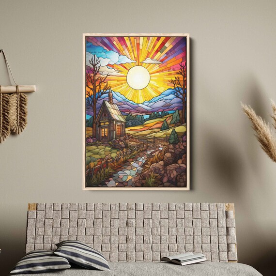 Mosaic Sunlit Farm House Wall Art Print Beautiful Vibrant Colors Mountain Range Ready To Hang