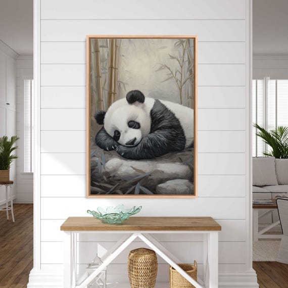 Cute Panda Bear Sleeping On Bamboo In Woods Wall Art Print Gift For Animal Lover Nature Photo Ready To Hang