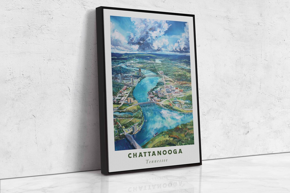Chattanooga Tennessee River Bend Aerial Watercolor City View Poster - Image 2