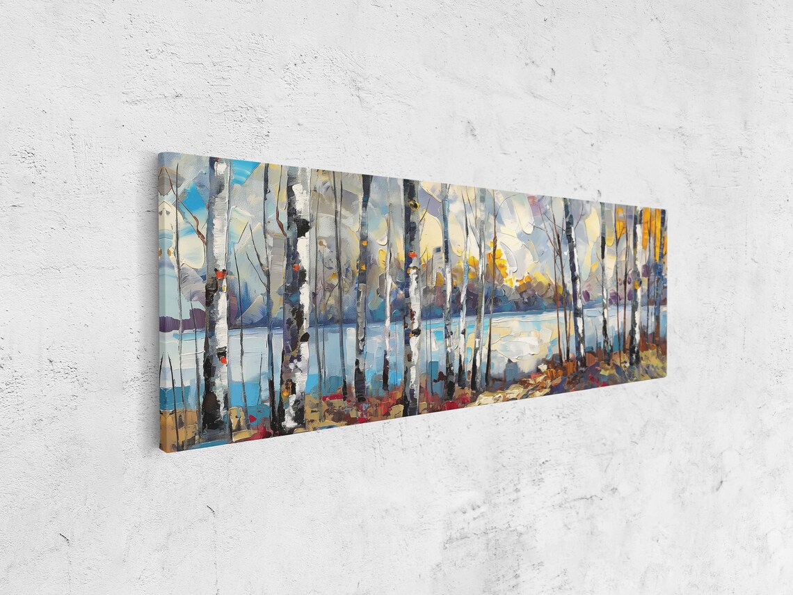 Birch Trees Lined Up Panoramic Acrylic Wall Art Print Impressionist Art Tiny Branches Gift For Naturalist Ready To Hang - Image 4