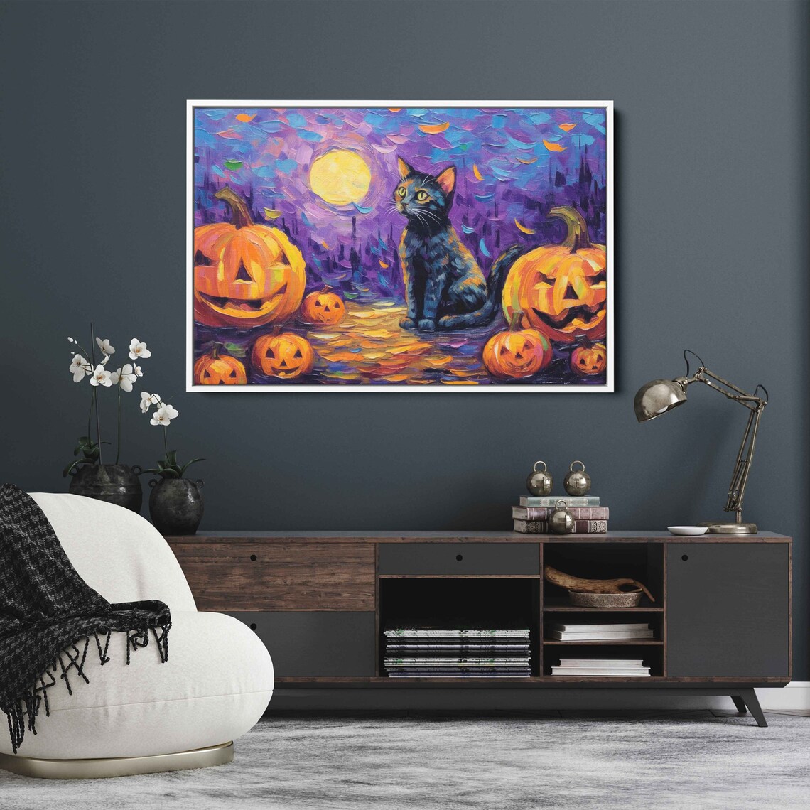 Black Cat Halloween Jack O Lantern Pumpkins Full Moon Whimsical Painting Print - Image 3