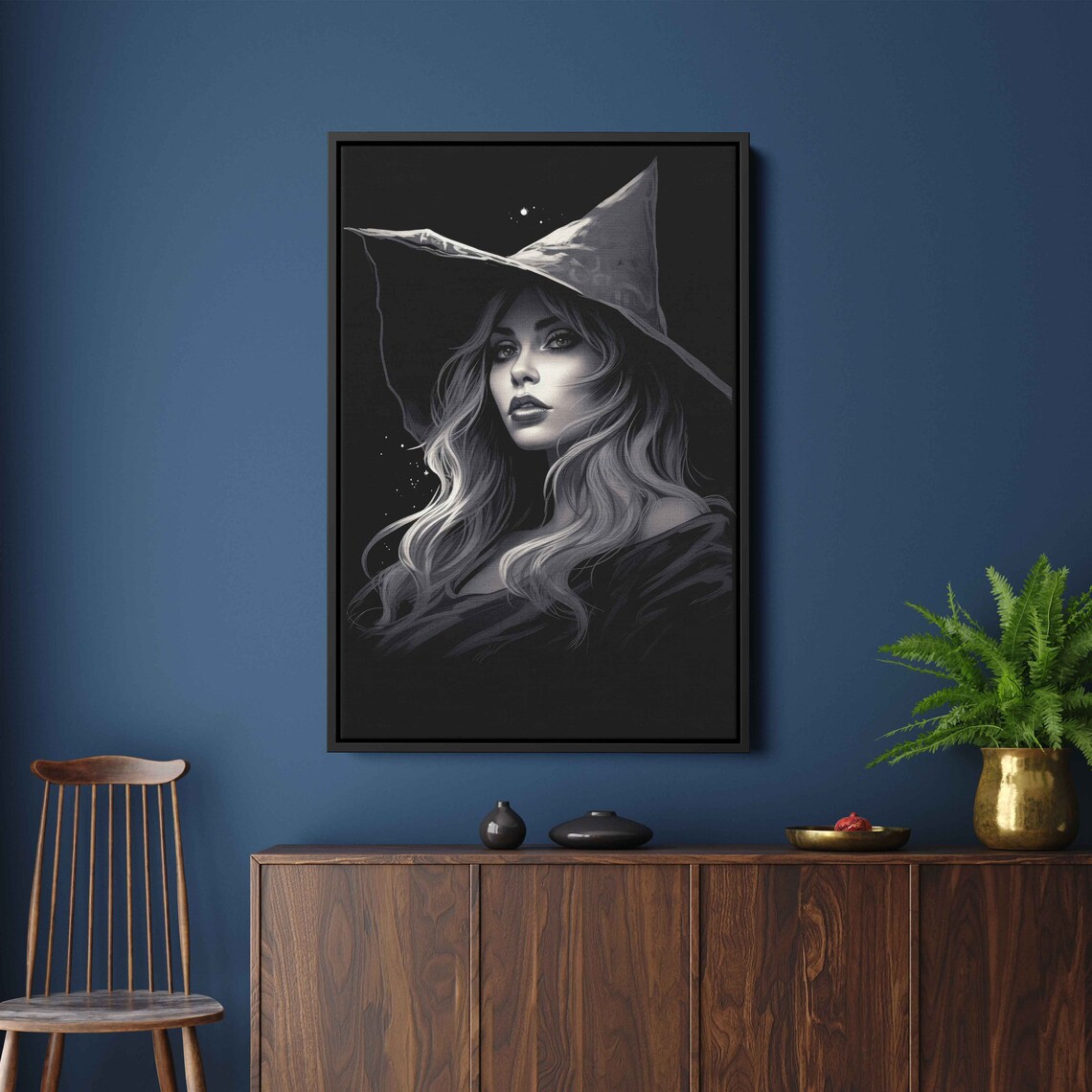 Celestial Witch Portrait Black White Pointed Hat Starry Night Halloween Print - Image 3