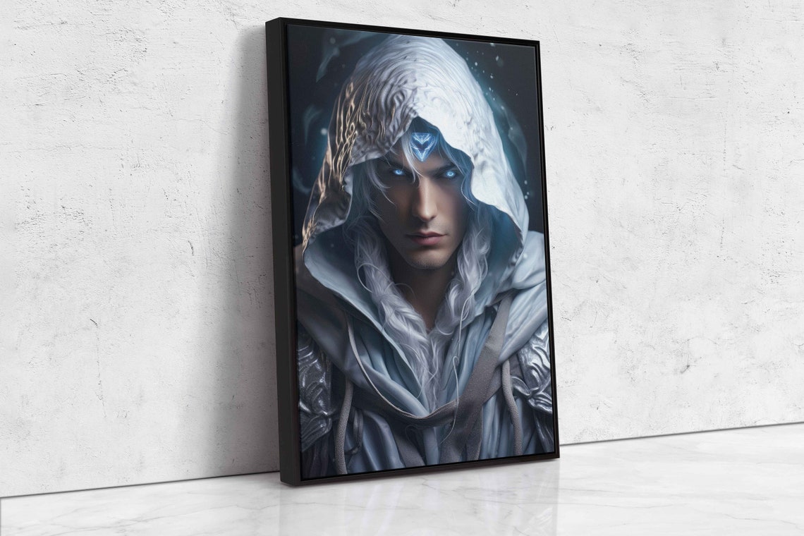 Hooded Ice Mage Fantasy Portrait Glowing Blue Gem Video Game Wall Art - Image 4