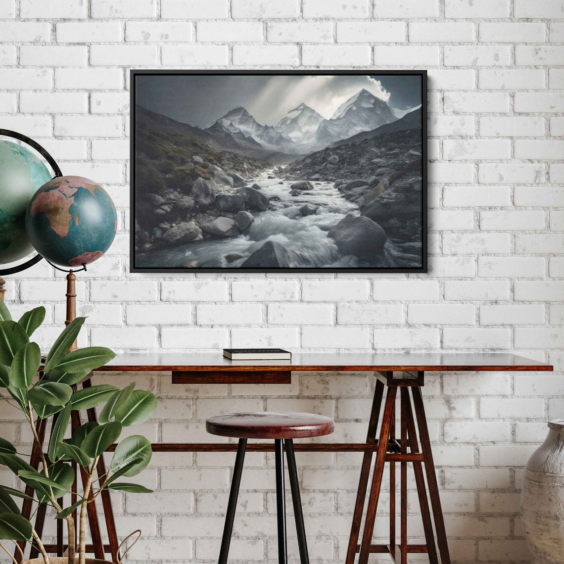 Mountain River Rocks Black And White Dramatic Landscape Photo Print