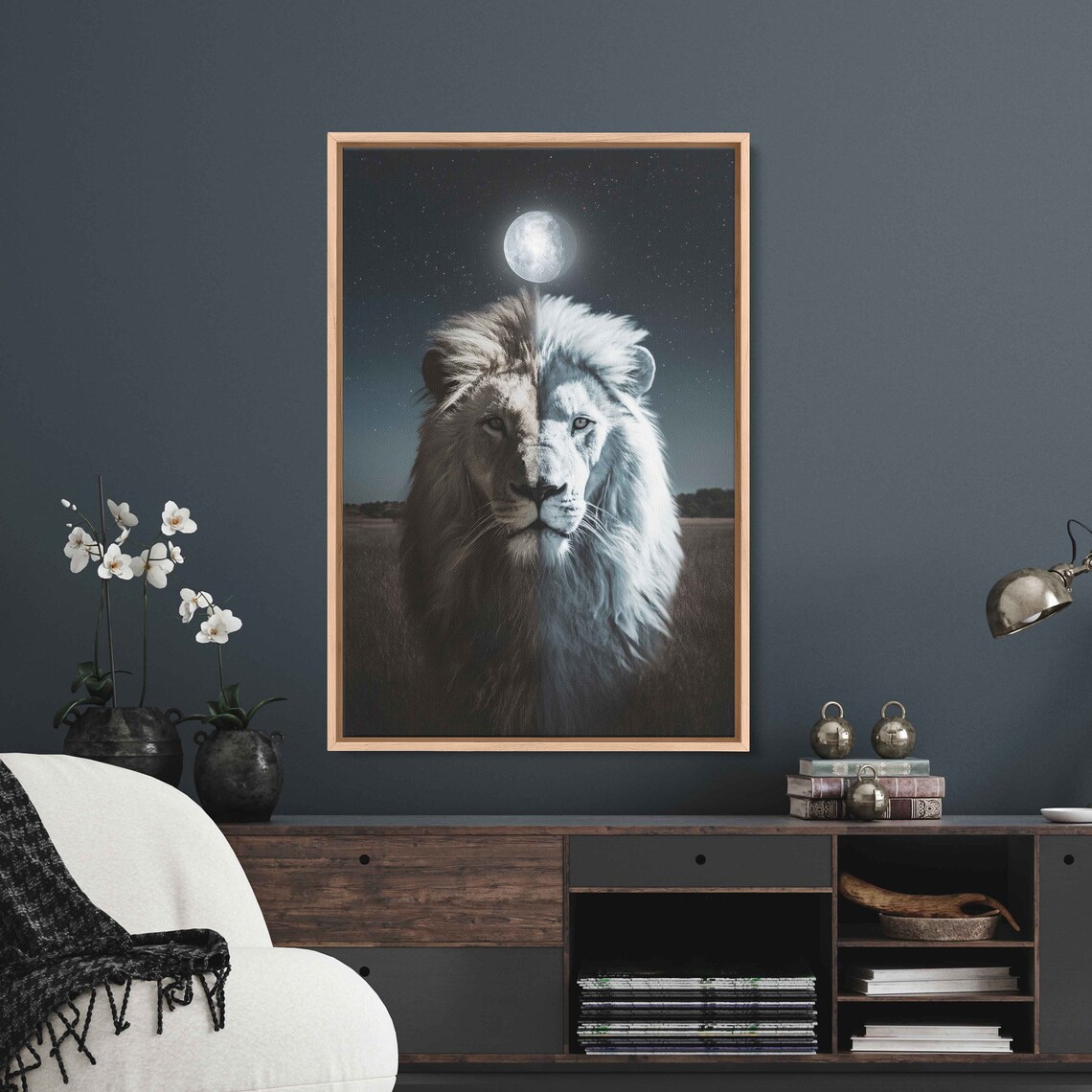 Lion Portrait Split Moonlight Full Moon Night Sky Majestic Animal Art Poster - Image 2