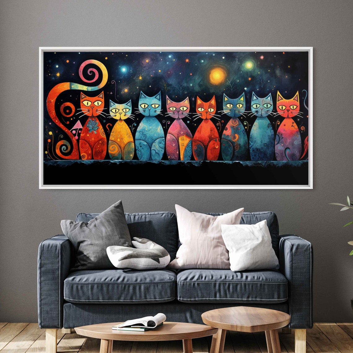 Celestial Colorful Cats Row Starry Night Sky Whimsical Panoramic Print