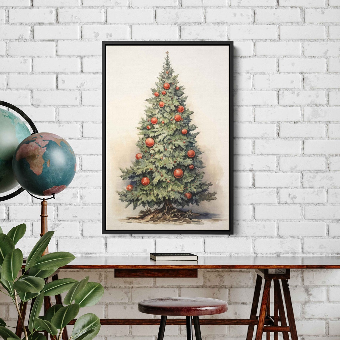 Elegant Minimalist Watercolor Christmas Tree Red Baubles Poster - Image 4