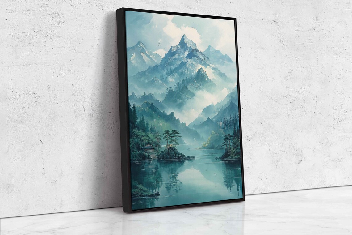 Asian Pagoda Misty Mountains Lake In Forest Painting Framed Print Ready To Hang - Image 4
