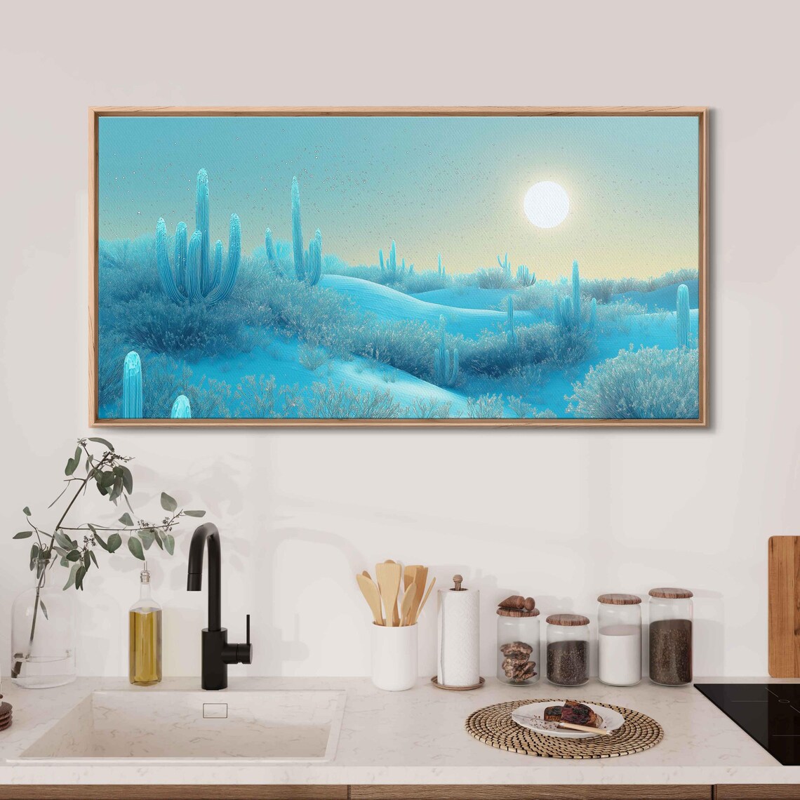Opalescent Sand Dunes, Mystical Cacti Under Shimmering Sun