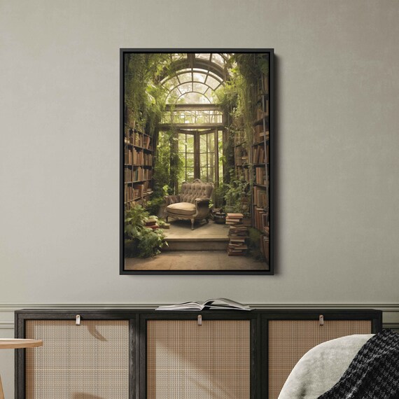 Greenhouse Library Book Nook Sunlit Glass Atrium Plants Reading Chair Print