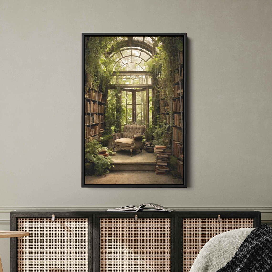 Greenhouse Library Book Nook Sunlit Glass Atrium Plants Reading Chair Print