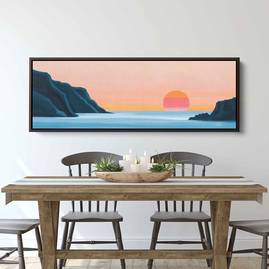 Minimalist Ocean Sunset Panoramic Pink Sun Blue Cliffs Calm Sea Art Poster - Image 3