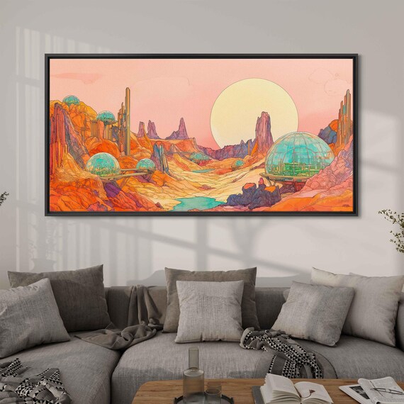 Futuristic Mars Colony Glass Biodomes Red Canyon Landscape Sci Fi Art Poster