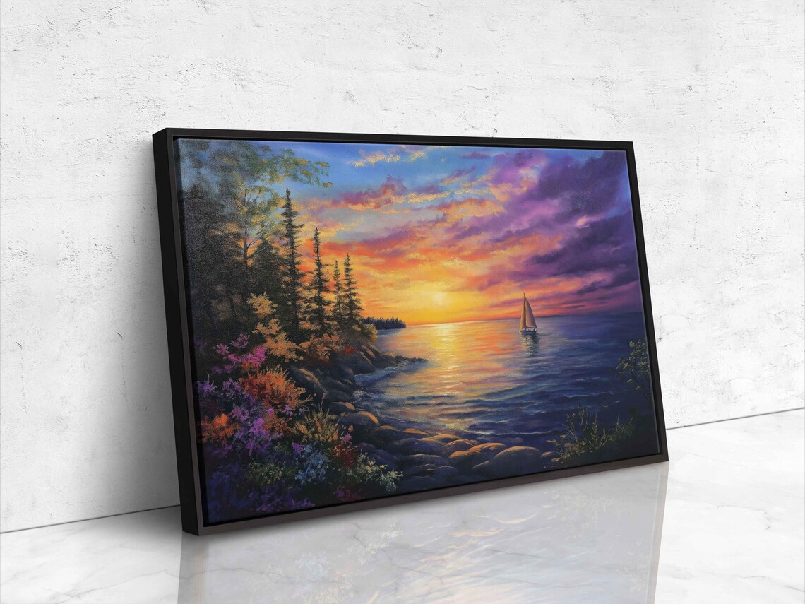Solitary Sailboat Sunset Voyage Purple Orange Sky Pine Rocky Coast Painting Travel Poster - Image 4