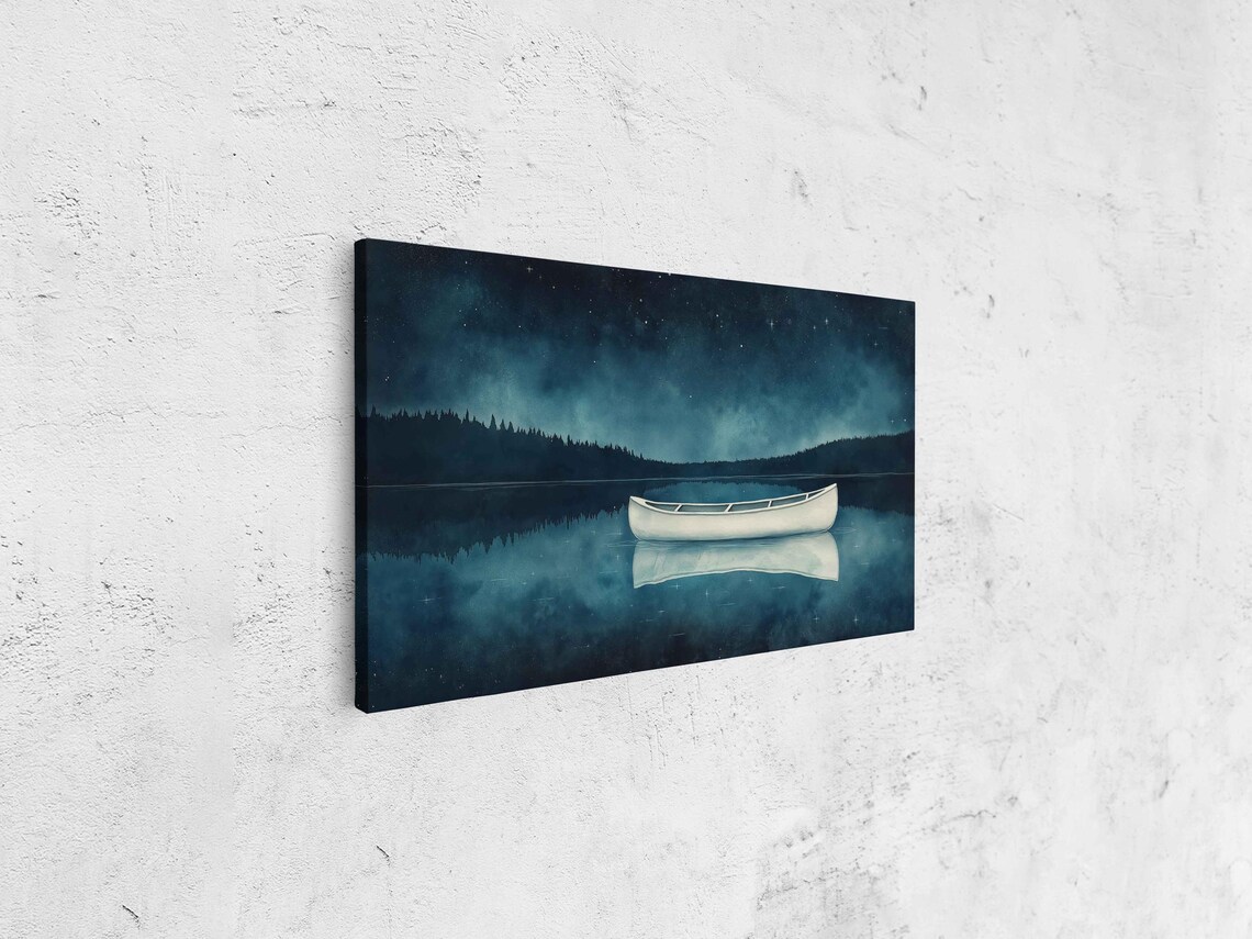 White Canoe Starry Night Lake Panoramic Watercolor Minimalist Still Water Calm Poster - Image 4