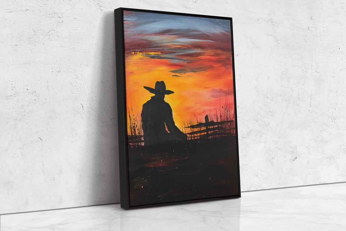 Cowboy Silhouette Watching Sunset Fiery Orange Western Poster - Image 4